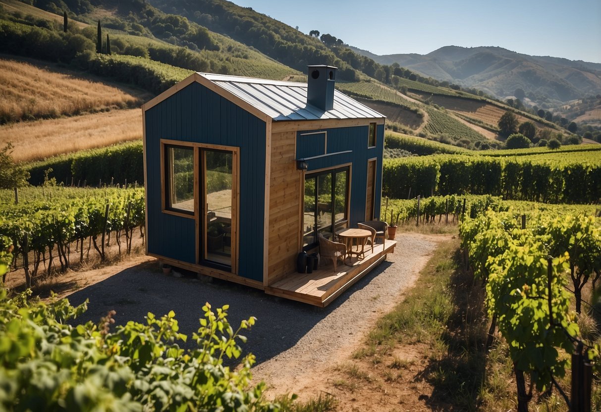 A tiny house sits nestled in a picturesque Portuguese countryside, surrounded by green hills and vineyards, with a clear blue sky overhead