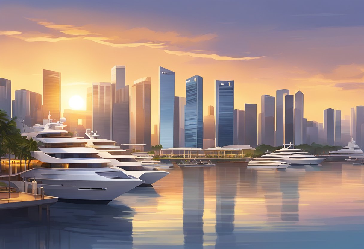 The Singapore Yacht Club sits on the waterfront, with sleek yachts docked in the marina. The sun sets behind the city skyline, casting a warm glow over the water