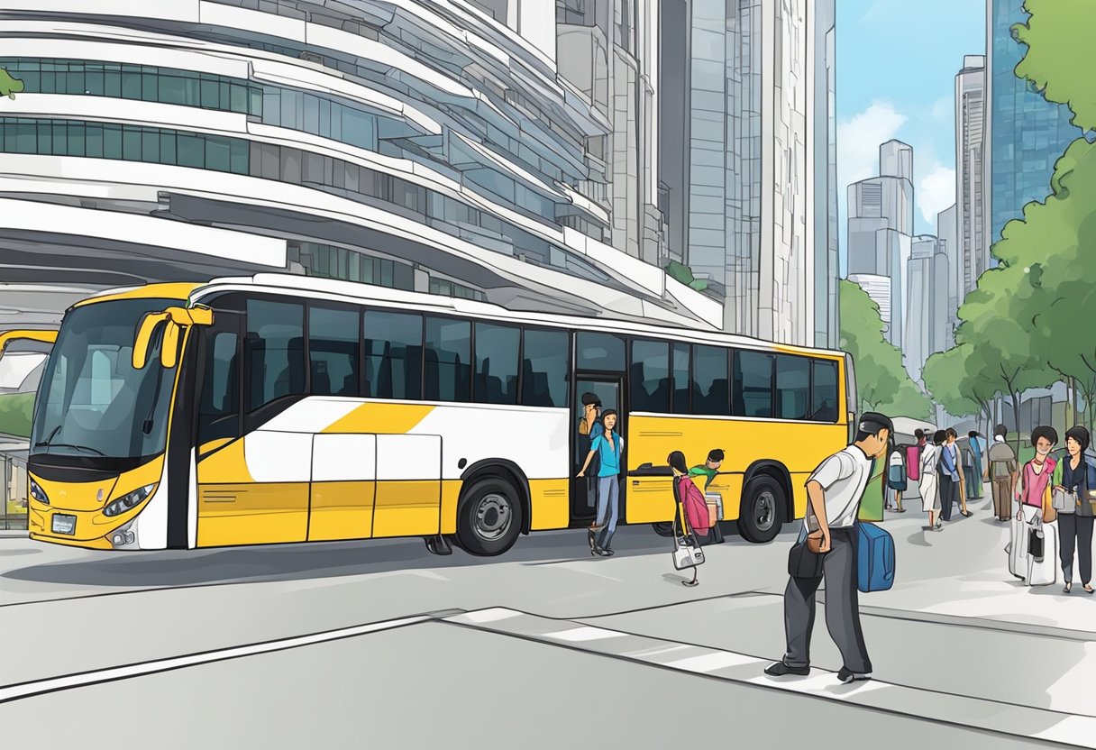 Passengers boarding KKKL's bus in Singapore. Bus driver assisting. City skyline in the background