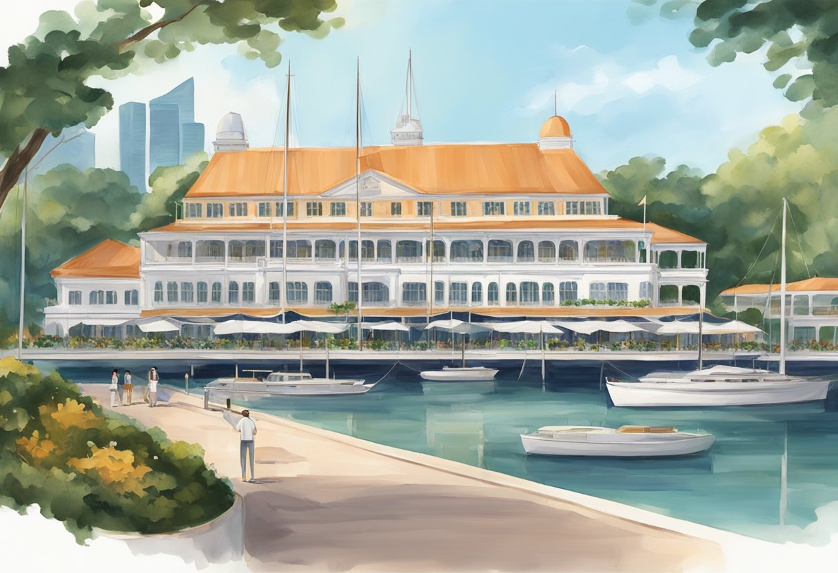 The Singapore Yacht Club stands proudly, its colonial architecture reflecting the city's rich history and maritime heritage. The club overlooks the sparkling waters of the harbor, with yachts and sailboats dotting the horizon
