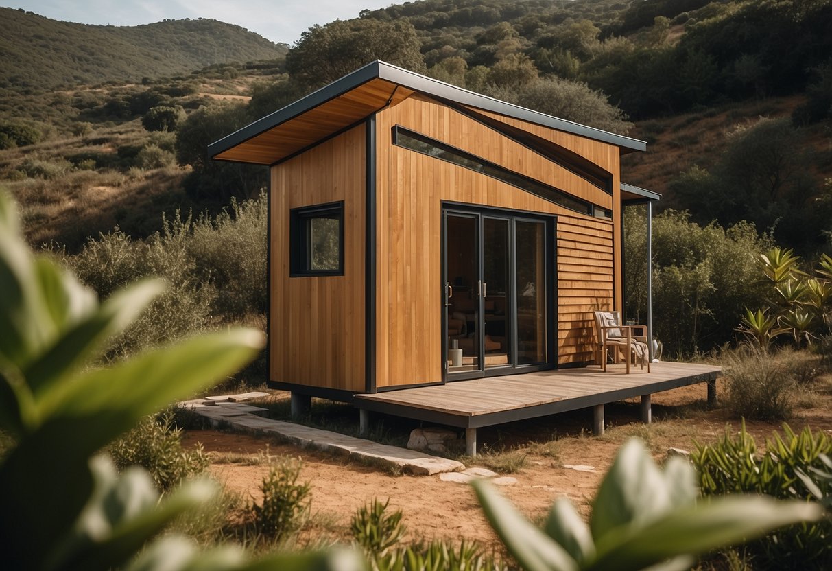 A tiny house nestled in a lush Portuguese landscape, with solar panels and a composting toilet, showcasing sustainable design