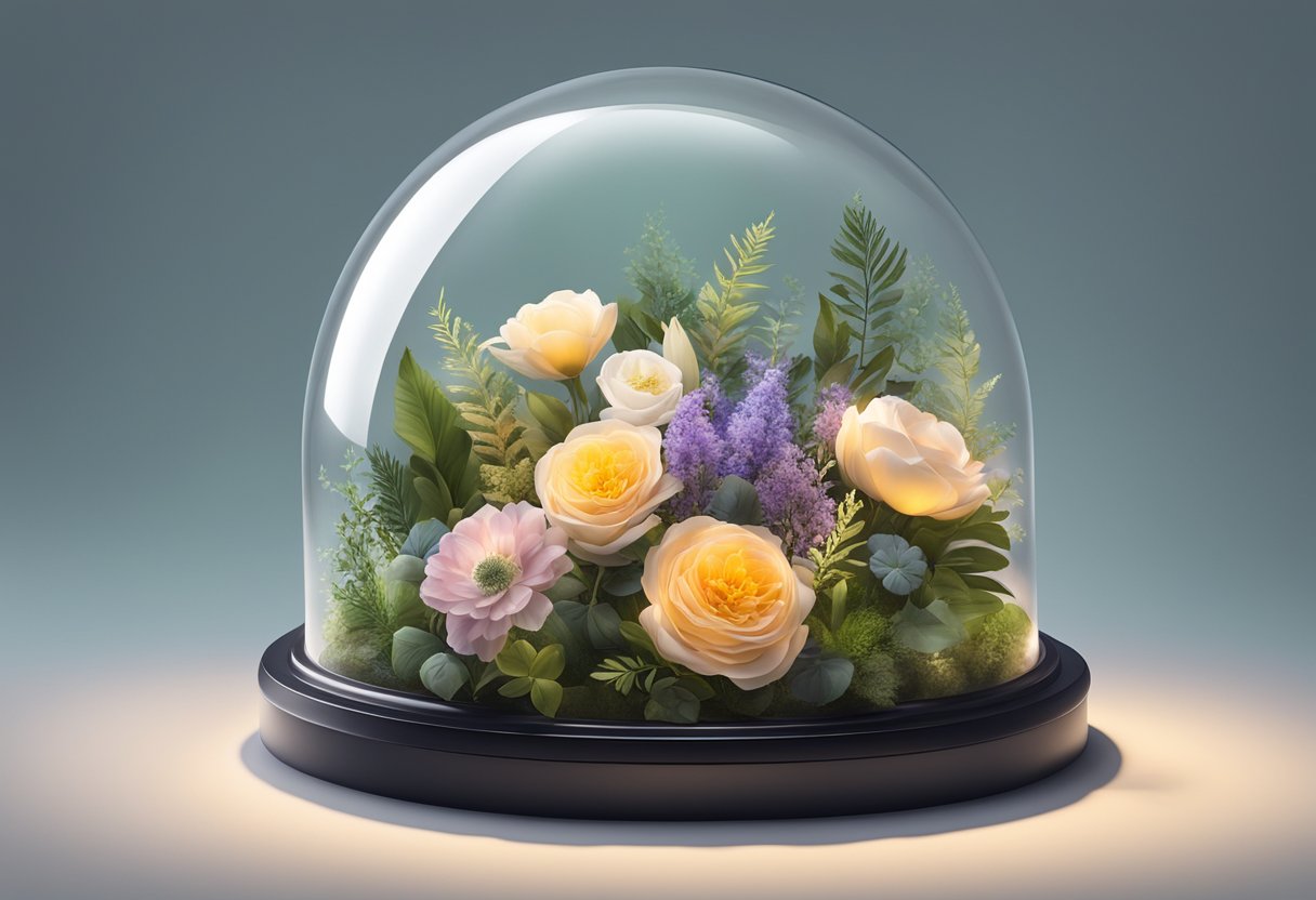 Preserved flowers arranged in a glass dome, surrounded by lush greenery and soft lighting