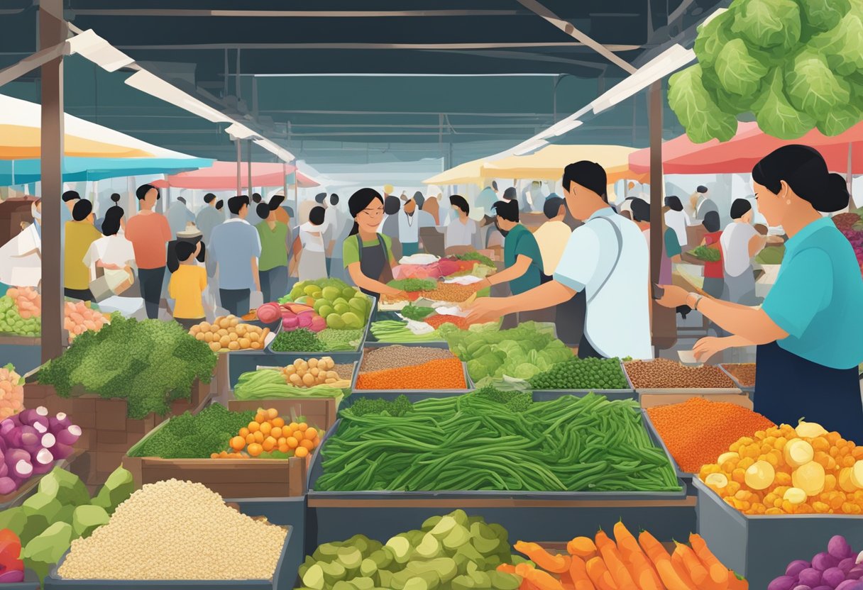 A bustling market stall at Miznon Singapore, filled with colorful vegetables and aromatic spices