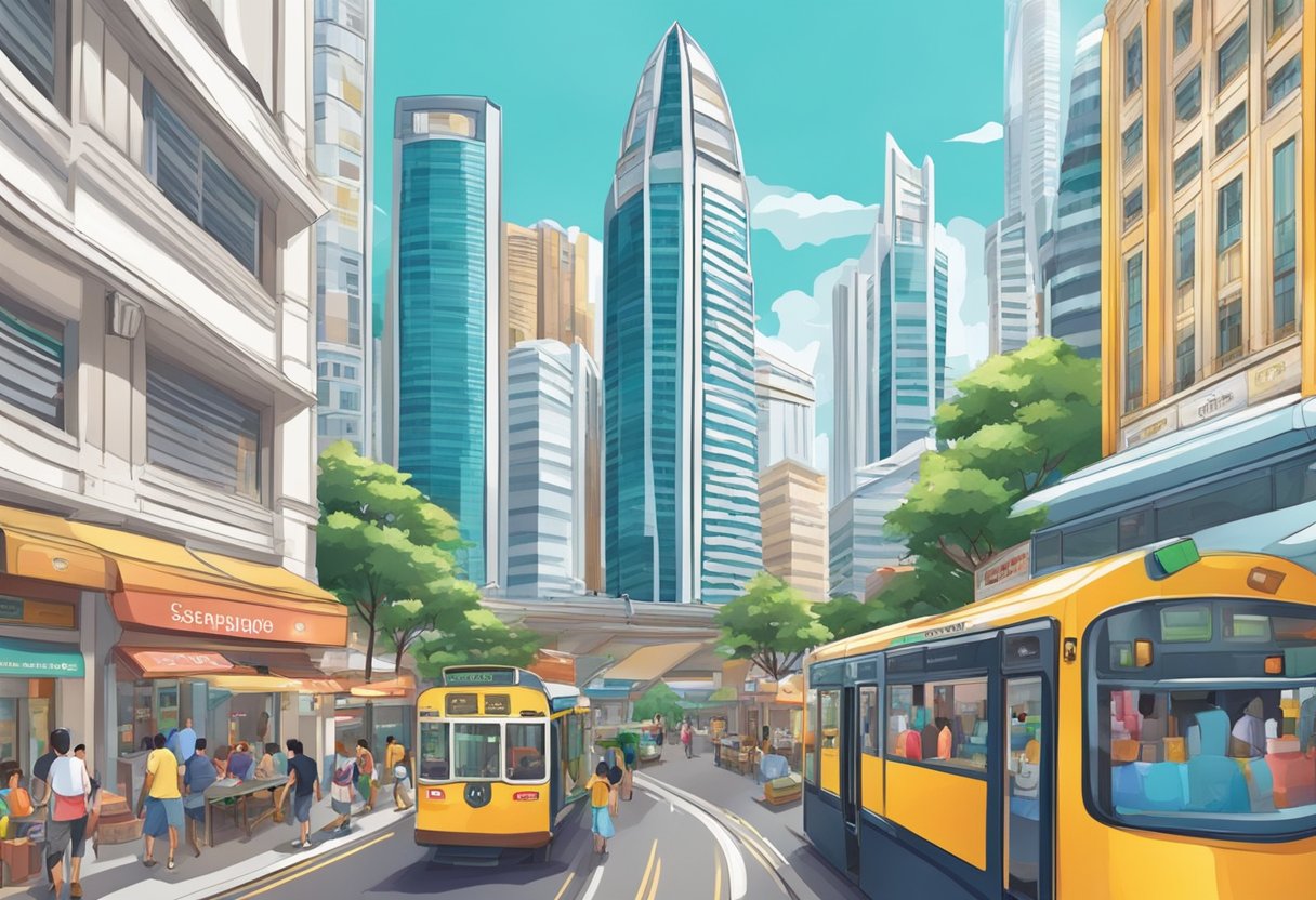 A bustling cityscape with iconic landmarks and vibrant street life in the heart of Singapore