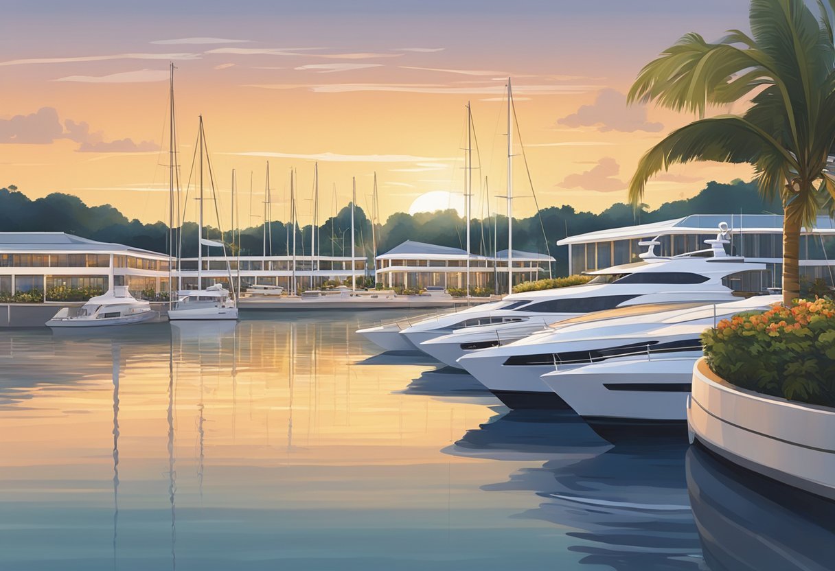 The sun sets over a serene marina, with sleek yachts docked at the Singapore Yacht Club. The club's logo is prominently displayed on the clubhouse, and a gentle breeze ripples the water
