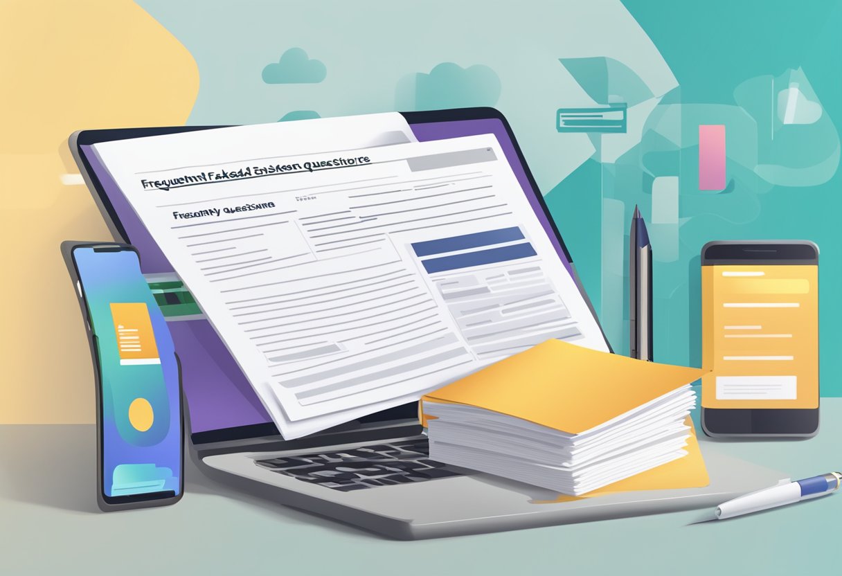 A stack of FAQ papers with "Frequently Asked Questions kkkl singapore" printed on top, surrounded by a computer, phone, and pen