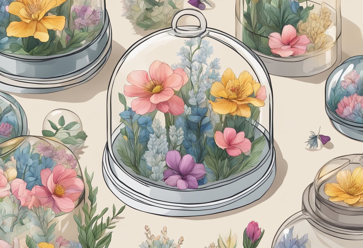 A hand reaches for a glass dome displaying various preserved flowers in Singapore
