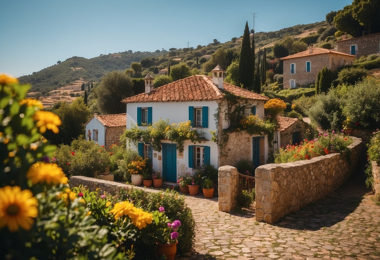 A small, quaint house nestled in a charming Portuguese village, surrounded by lush greenery and colorful flowers