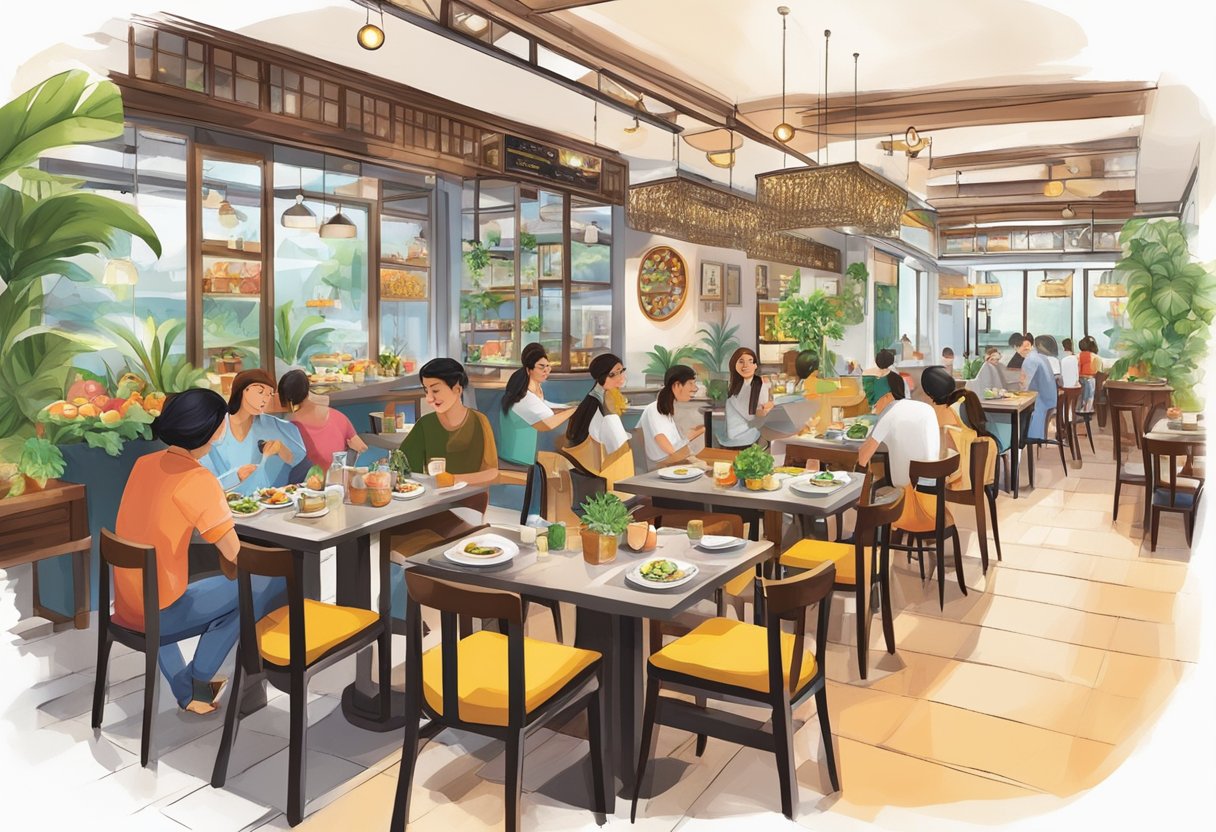 A bustling restaurant with diverse cultural decor, lively atmosphere, and a fusion of international cuisines at Miznon Singapore