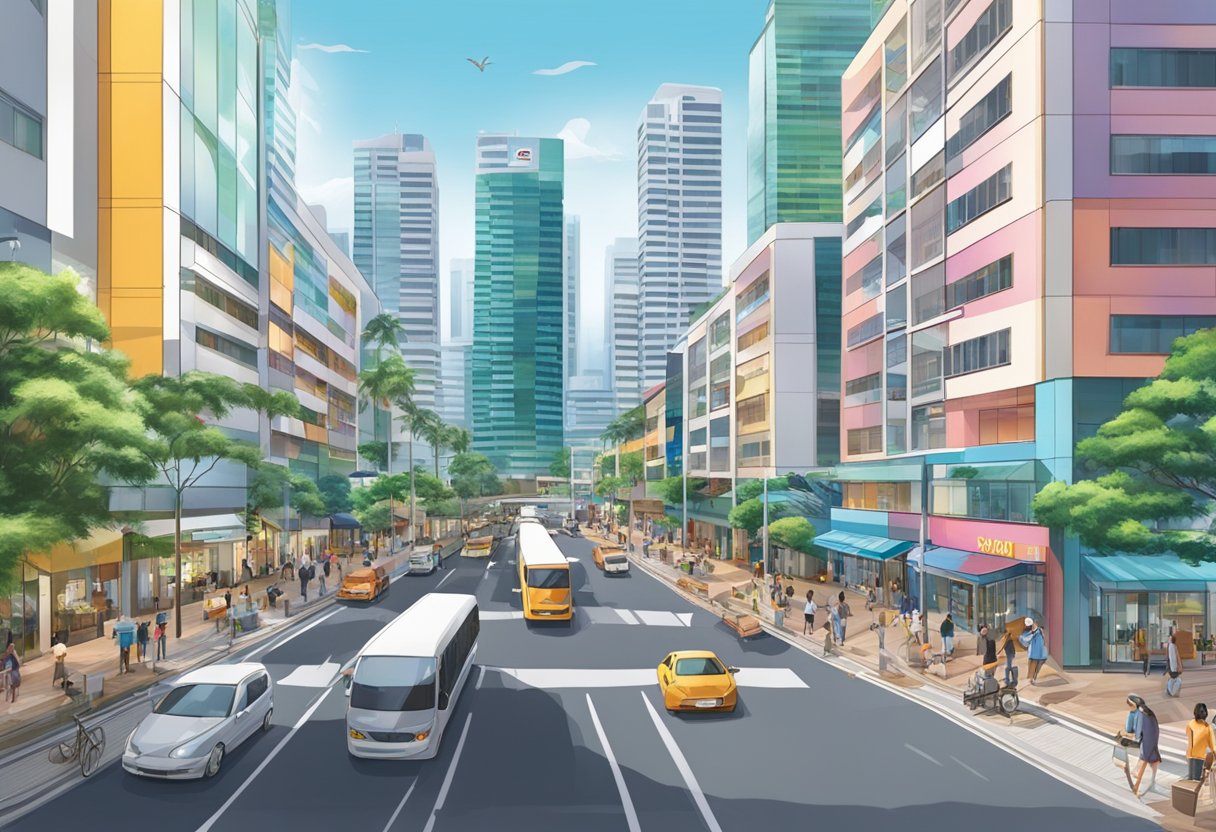 A bustling cityscape of modern buildings and vibrant street life in Novita, Singapore