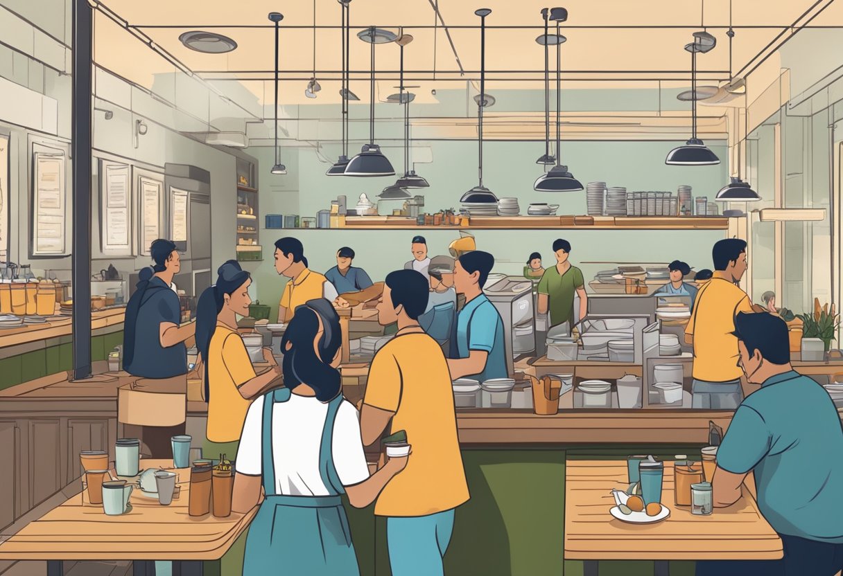 A bustling restaurant with customers ordering food at the counter, while staff prepare and serve dishes. Tables are filled with patrons enjoying their meals