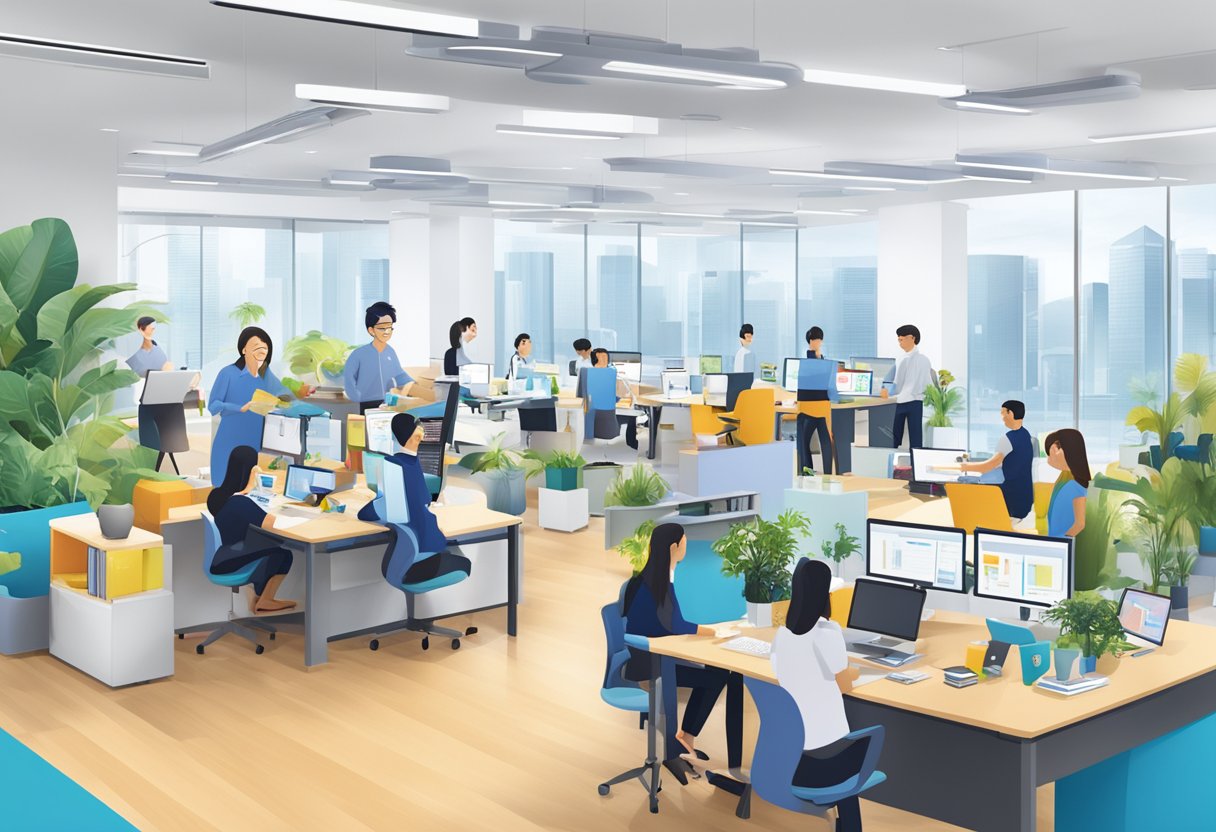 P&G's Singapore office bustling with employees, brainstorming and collaborating on innovative ideas. The office is filled with modern technology and colorful branding, showcasing P&G's commitment to innovation and society