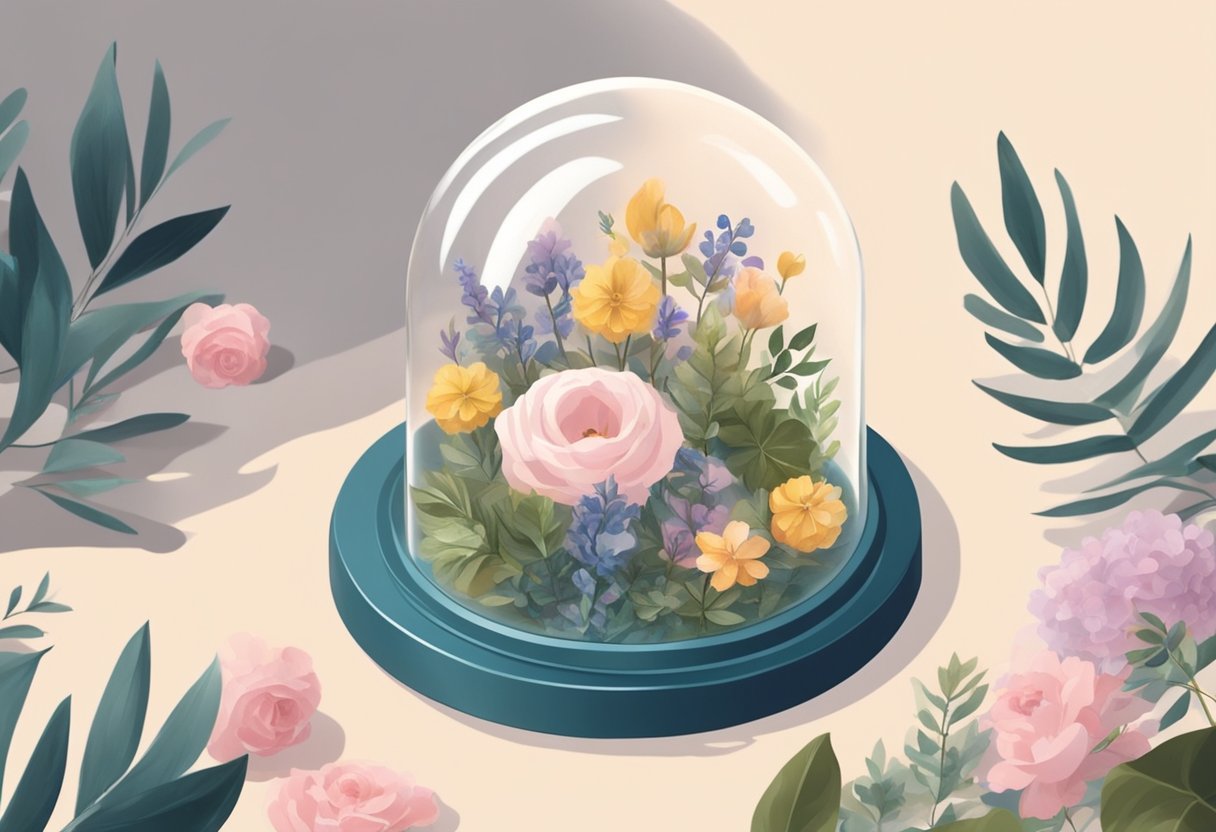 A hand gently arranges preserved flowers in a glass dome, surrounded by delicate foliage and soft lighting