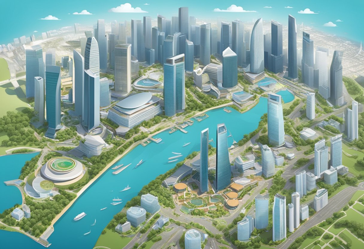 Aerial view of OneMap Singapore with detailed cityscape and landmarks
