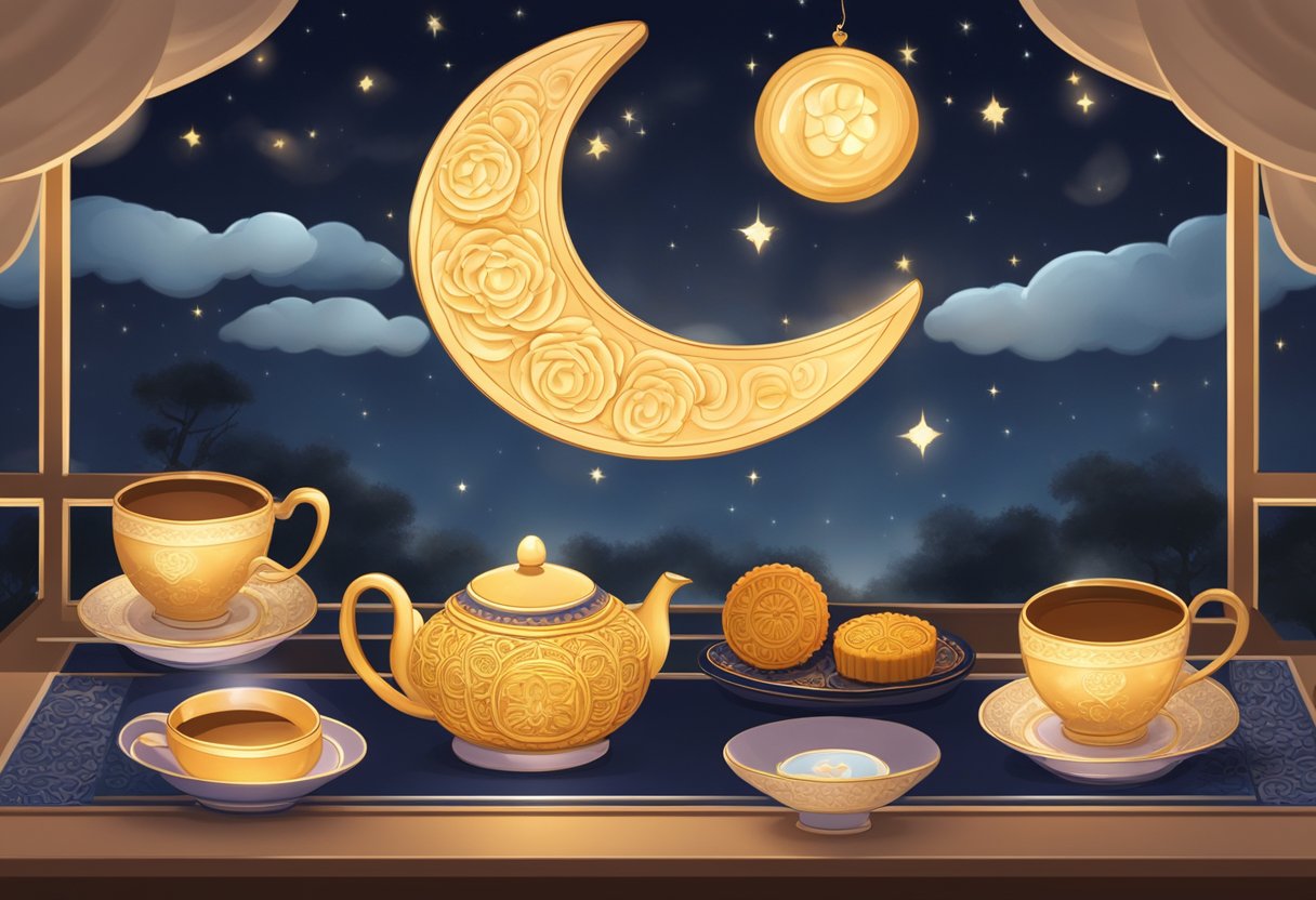 A mooncake sits on a decorative plate, surrounded by a teapot and cups. The night sky is visible through a window, casting a soft glow on the scene