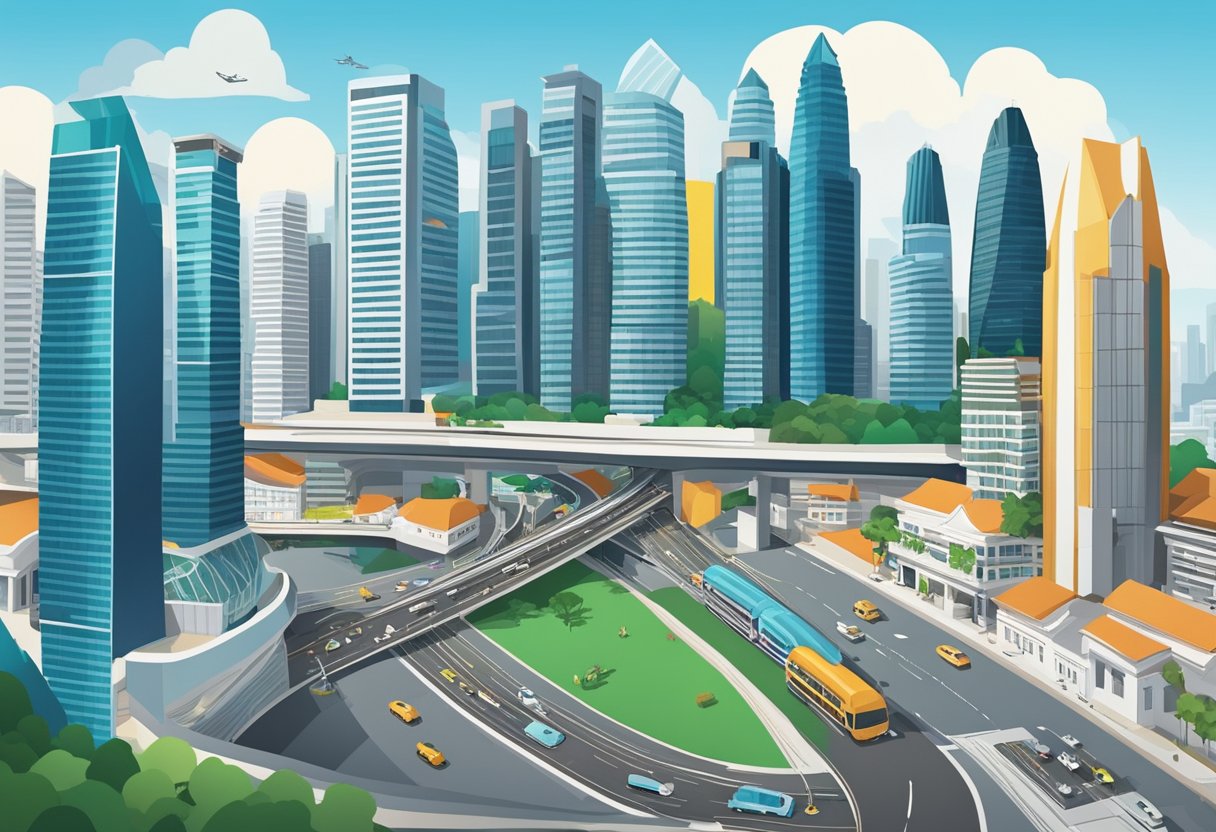 Skyscrapers and bustling streets depict Singapore's thriving economy. Iconic landmarks and modern infrastructure showcase the city-state's financial prowess