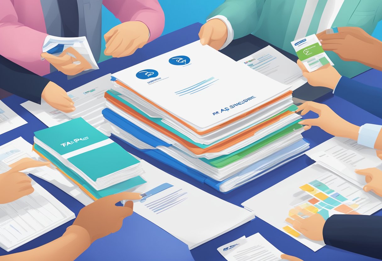 A stack of FAQ documents with P&G Singapore logo, surrounded by customer service representatives