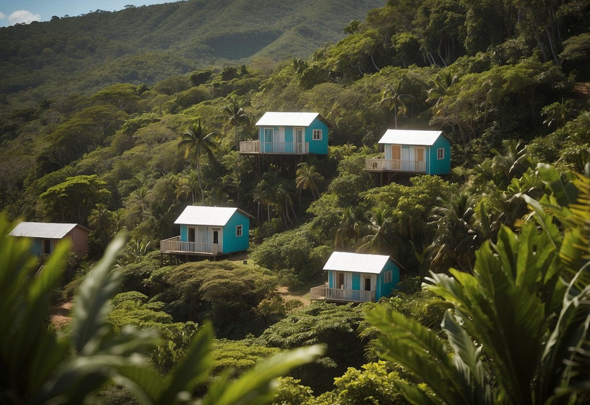 Tiny houses dot the lush landscape of Puerto Rico, nestled among tropical foliage and overlooking the sparkling ocean