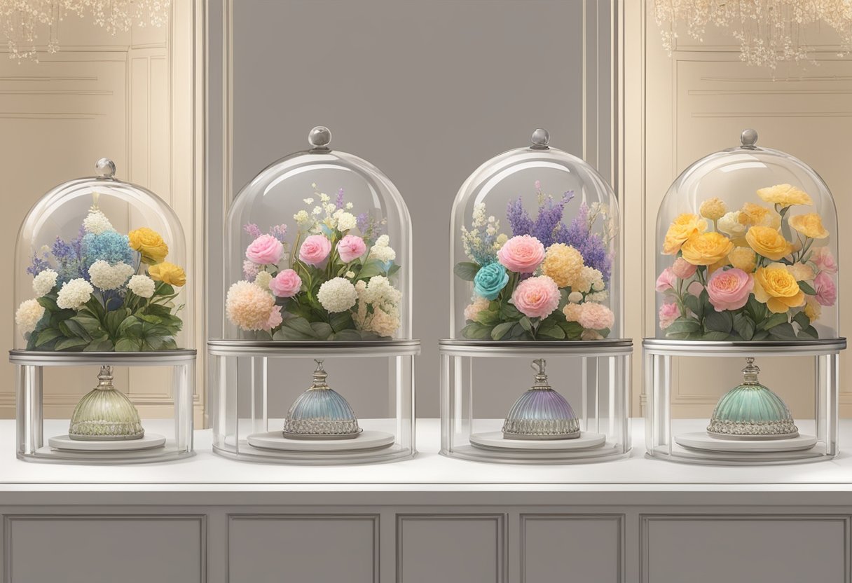 A display of preserved flowers in glass domes, with a sign reading "Frequently Asked Questions" in a boutique in Singapore
