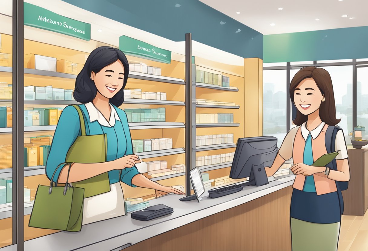A smiling customer service representative assists a happy customer with a warm and welcoming attitude at the novita Singapore store