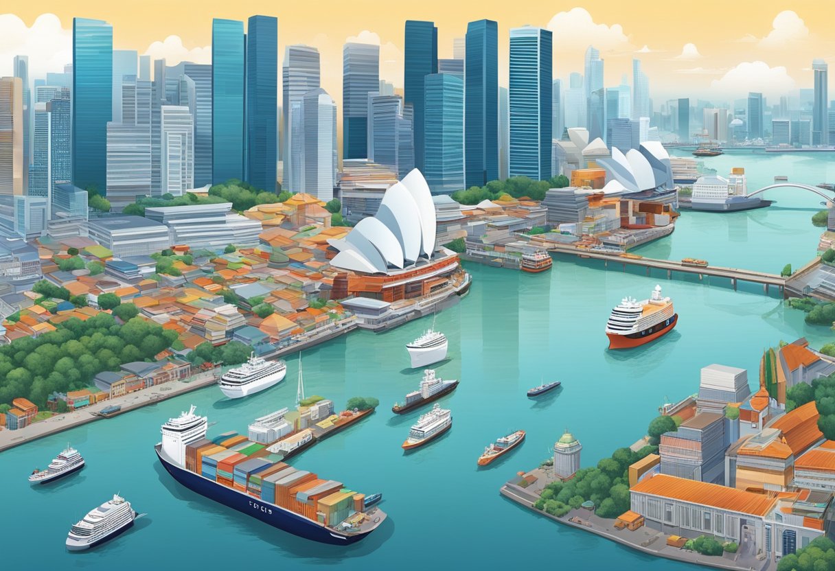 A bustling city skyline with modern buildings and infrastructure, surrounded by bustling ports and trade activities, showcasing Singapore's thriving economy and growth