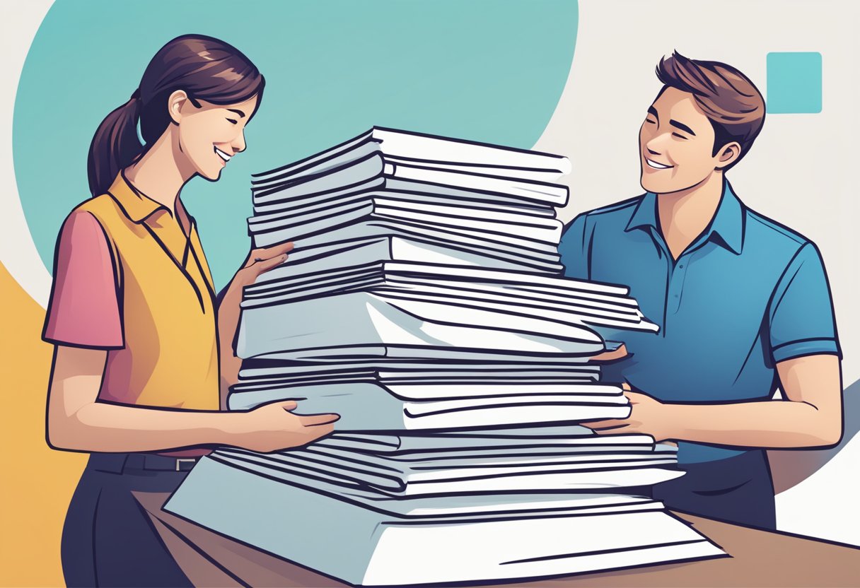 A stack of FAQ sheets with Novita Singapore logo, surrounded by customer inquiries and a friendly customer service representative ready to assist
