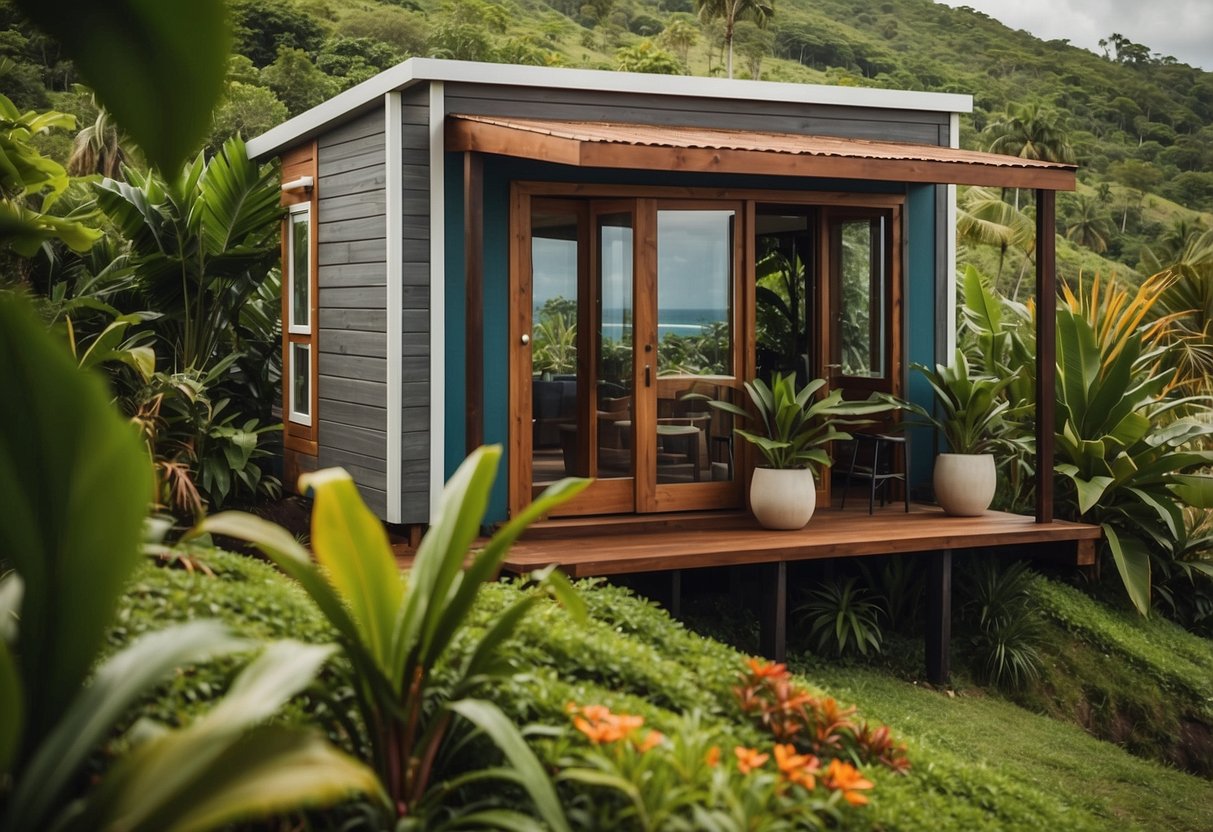 A tiny house sits on a lush green landscape in Puerto Rico, surrounded by tropical flora. The house is compact and well-designed, adhering to local building codes and legal requirements