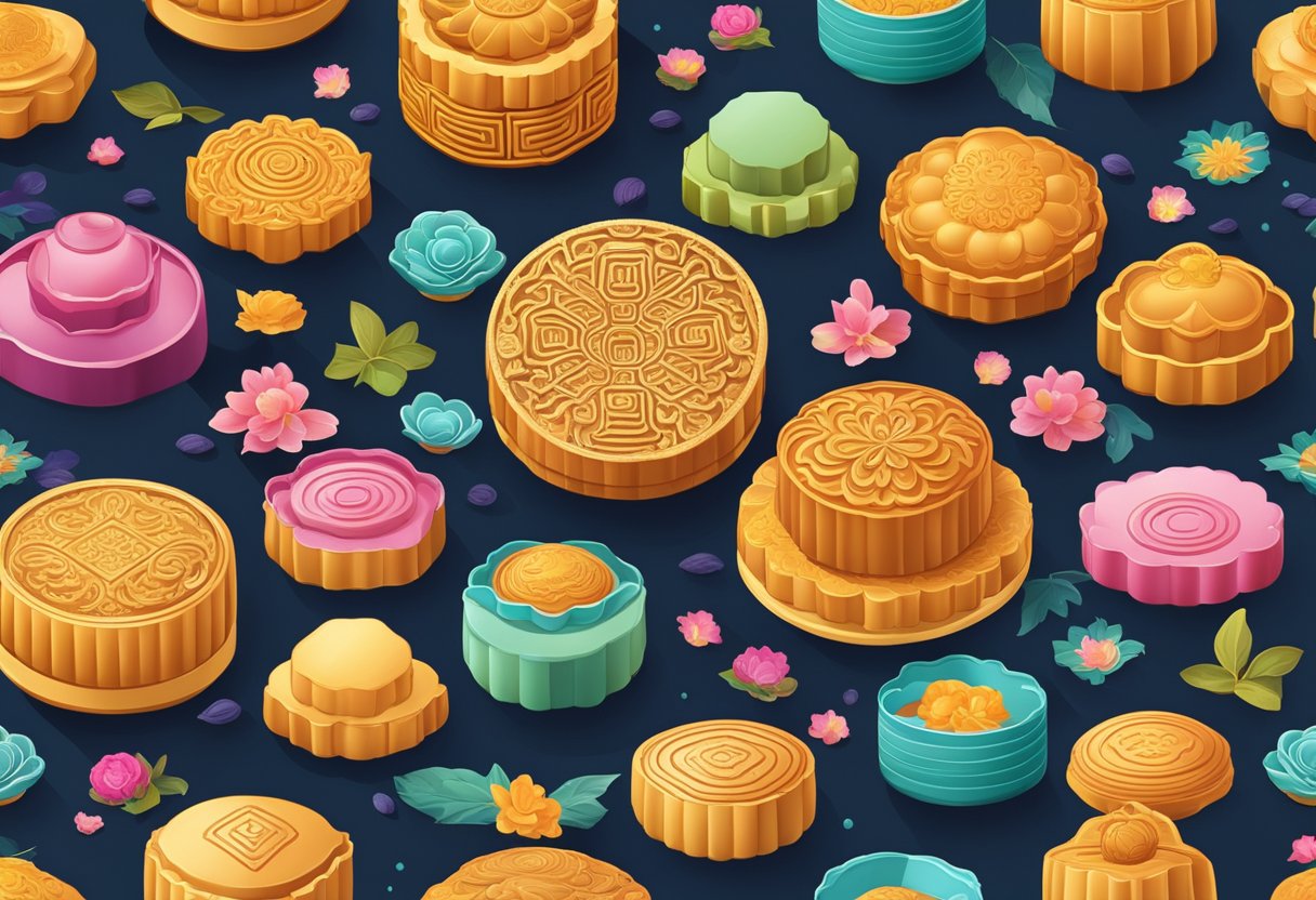 A table displays various mooncake types with intricate designs and vibrant colors