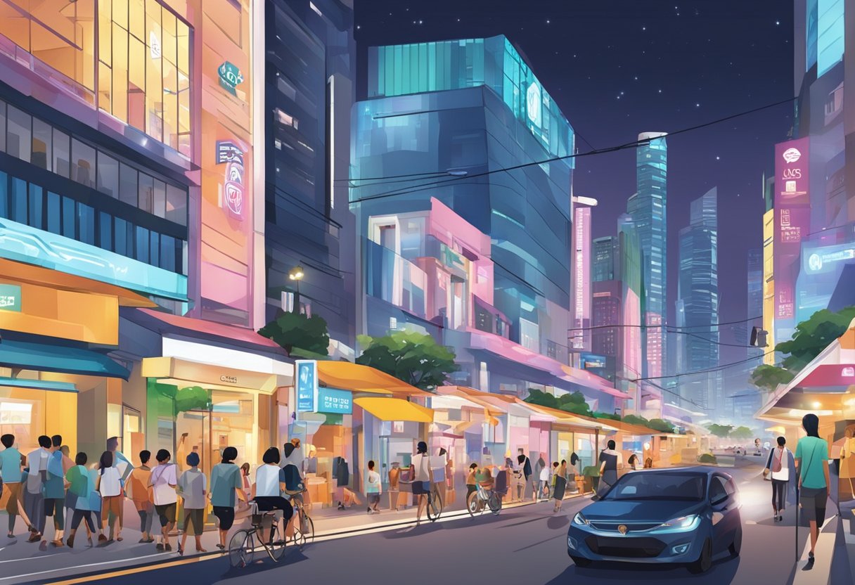 A bustling Singapore street with NOA signage, people walking, and cars passing by. Bright lights and modern architecture create a vibrant urban atmosphere