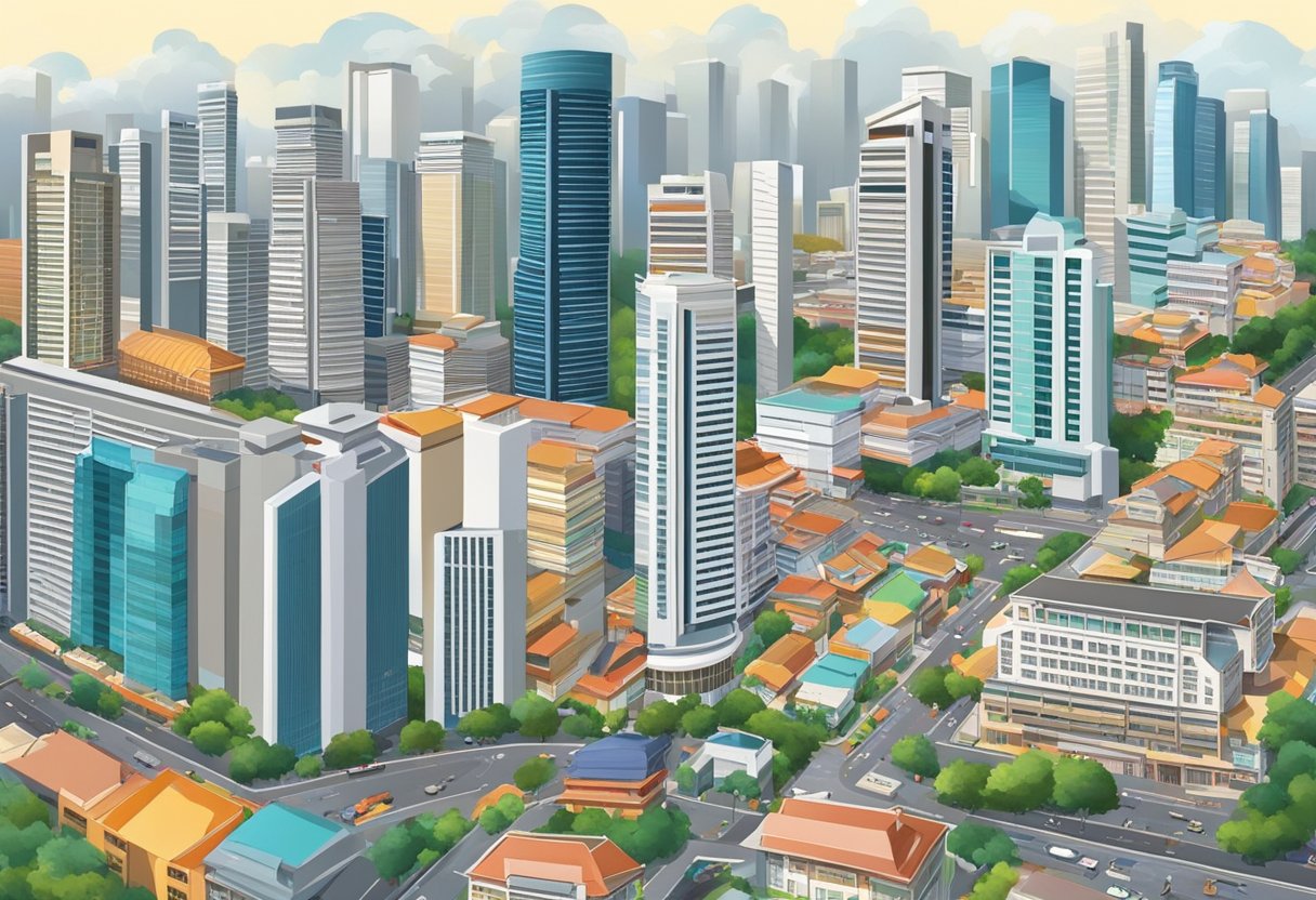 The bustling streets of Singapore showcase a mix of modern skyscrapers and traditional shophouses, symbolizing the country's dynamic economy and diverse economic policies
