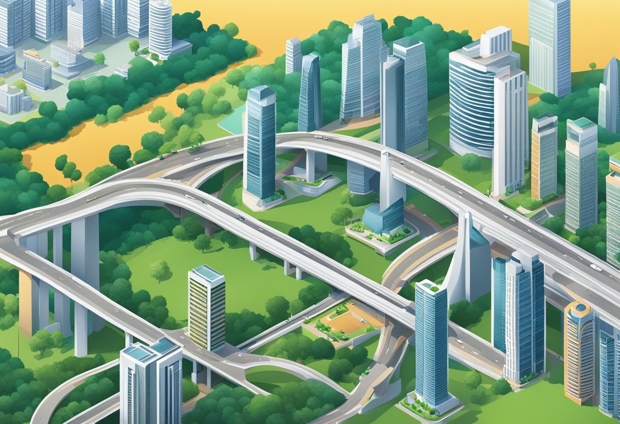 A cityscape of Singapore featuring the iconic skyline, modern buildings, lush greenery, and bustling streets with diverse transportation modes