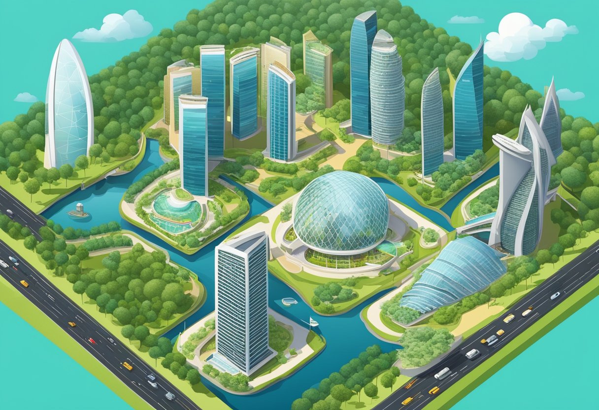 A bustling cityscape of modern skyscrapers and futuristic architecture, with iconic landmarks like the Marina Bay Sands and Gardens by the Bay