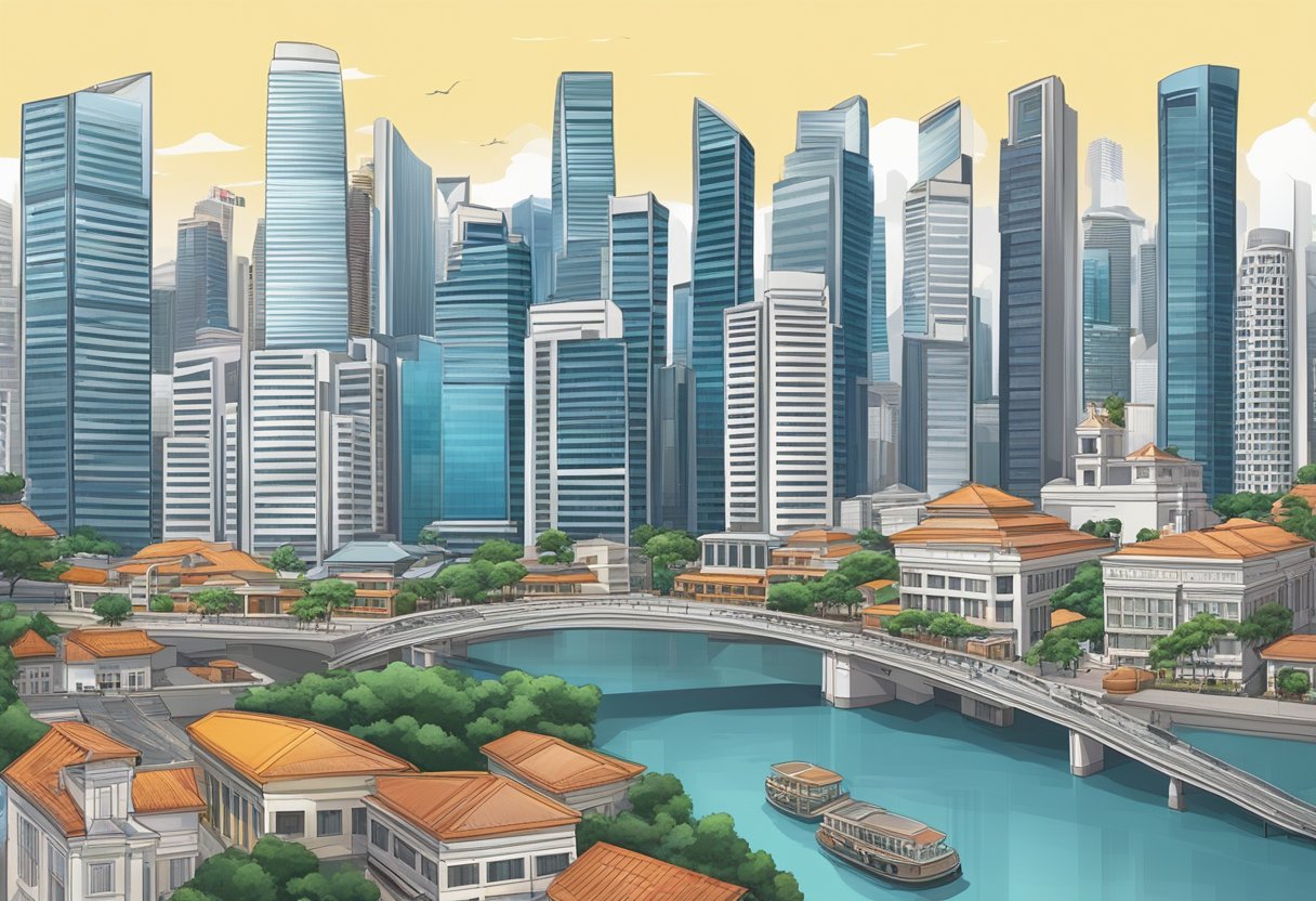 A bustling cityscape with skyscrapers, busy streets, and a mix of modern and traditional architecture, representing the dynamic and thriving economy of Singapore