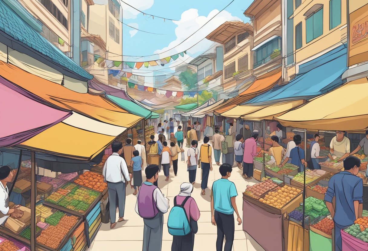 A bustling marketplace in Singapore with colorful stalls and people exchanging goods, representing the concept of zakat