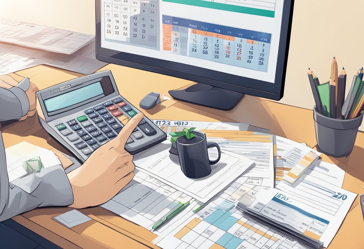 An office desk with a computer, calculator, and tax documents. A calendar on the wall shows the deadline. A person's hand signs a payment receipt