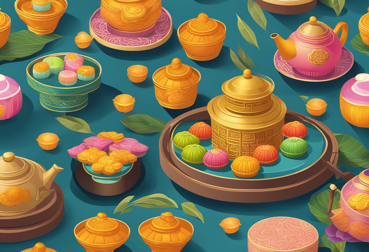 A table adorned with colorful mooncakes, teapots, and lanterns, showcasing the cultural and culinary significance of mooncake in Singapore