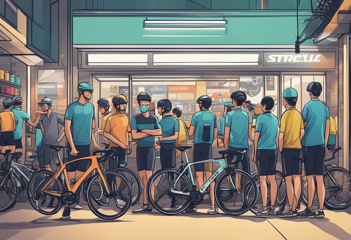 A group of cyclists gather at a trendy bike shop in Singapore, admiring the latest specialized bikes and discussing upcoming races and events