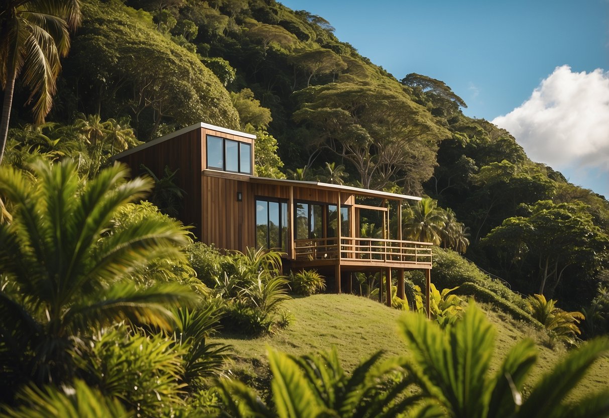 A tiny house sits on a lush green landscape in Puerto Rico, with a clear blue sky overhead. The house is surrounded by tropical vegetation and palm trees, creating a serene and peaceful setting