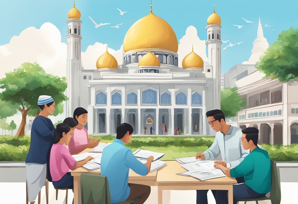 A group of individuals in Singapore calculating and donating zakat with a mosque in the background