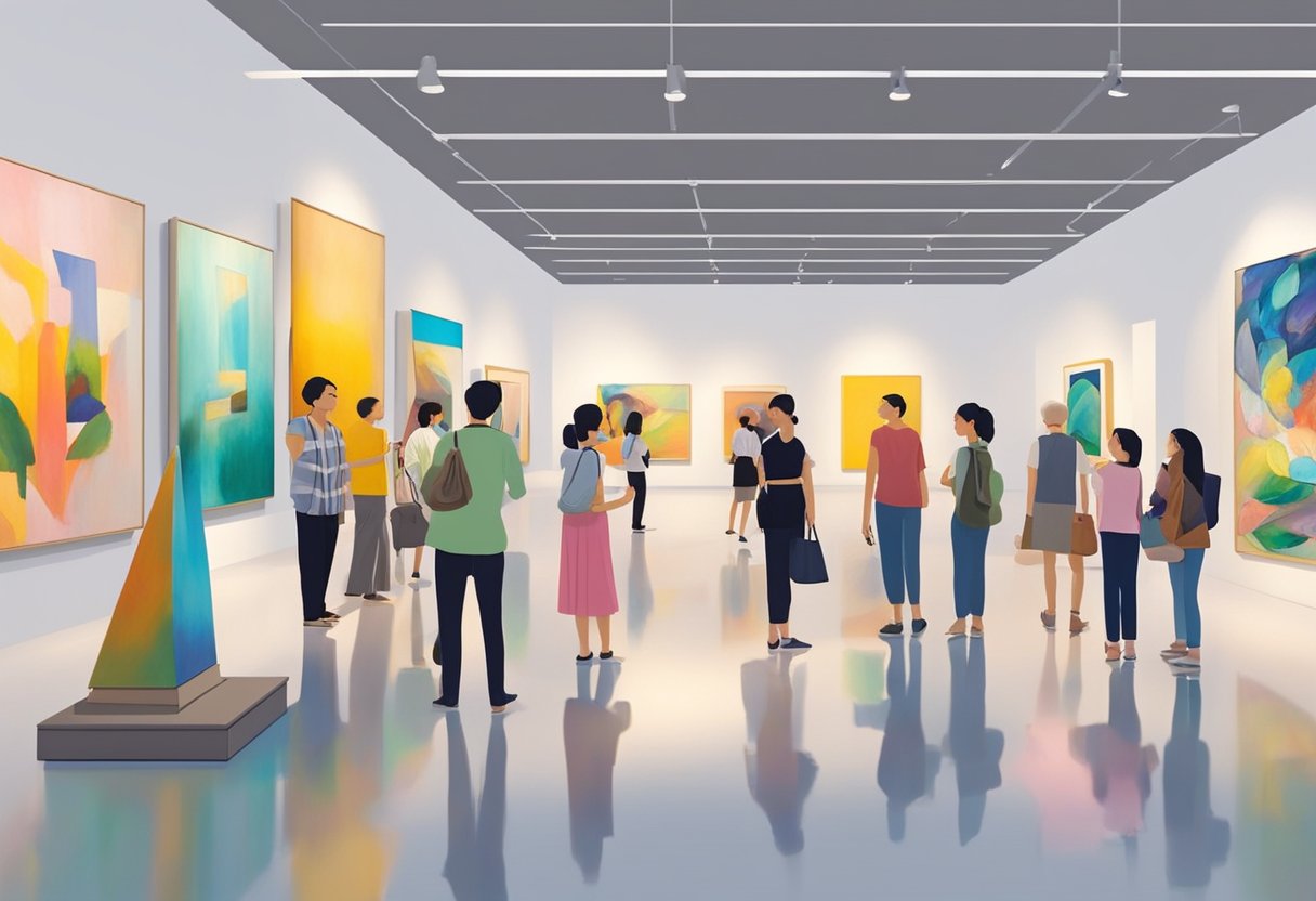 Visitors admire colorful paintings and sculptures in a modern Singapore art gallery. Bright lights illuminate the spacious room filled with diverse artworks
