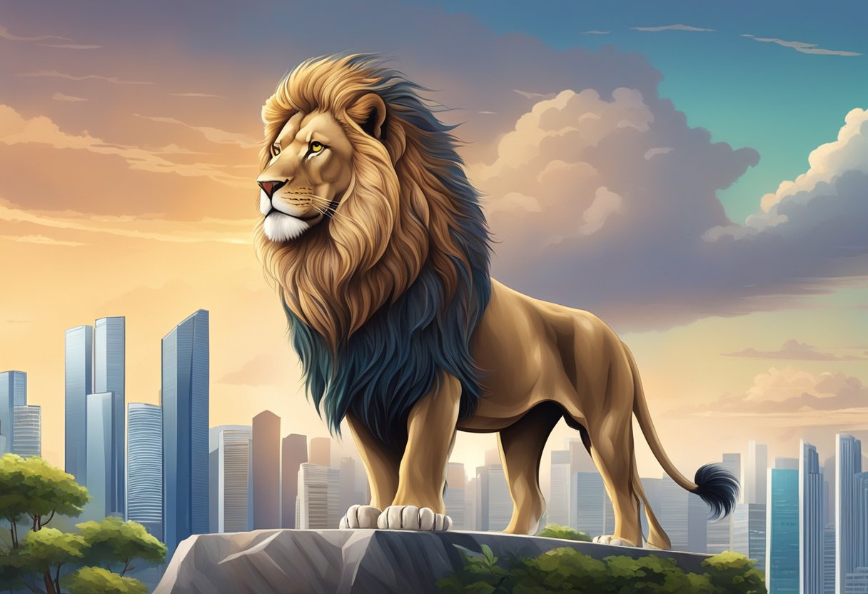 A majestic lion stands proudly against the backdrop of the Singapore skyline, its mane flowing in the wind as it gazes into the distance