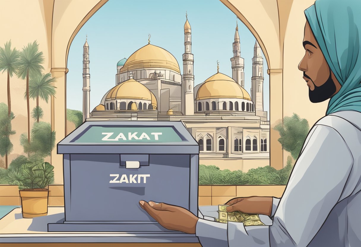 A person placing money into a donation box labeled "Zakat" with a mosque in the background