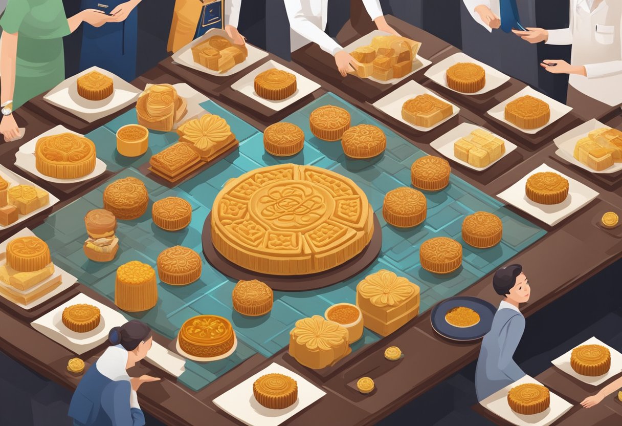 A table with various mooncake flavors displayed, surrounded by customers asking questions to staff