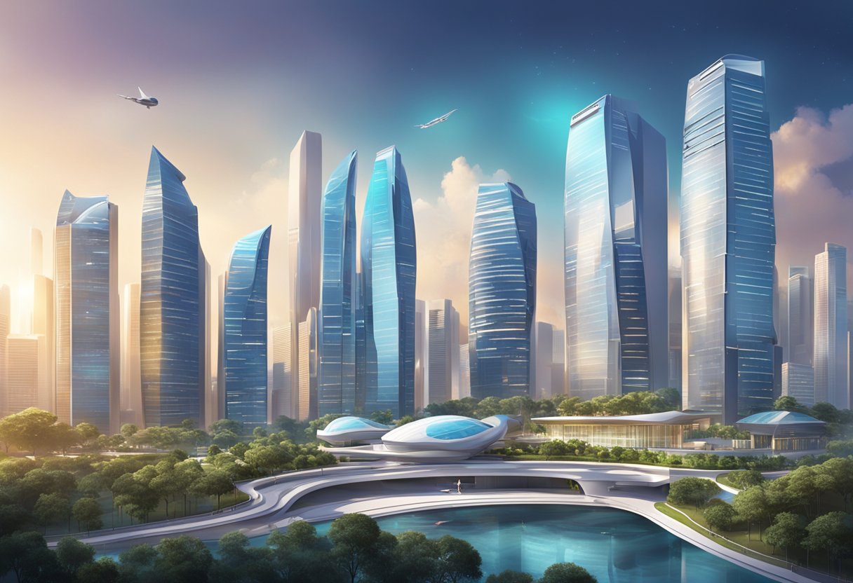 A futuristic cityscape with sleek buildings and advanced technology, showcasing Singapore's innovation and performance specialization