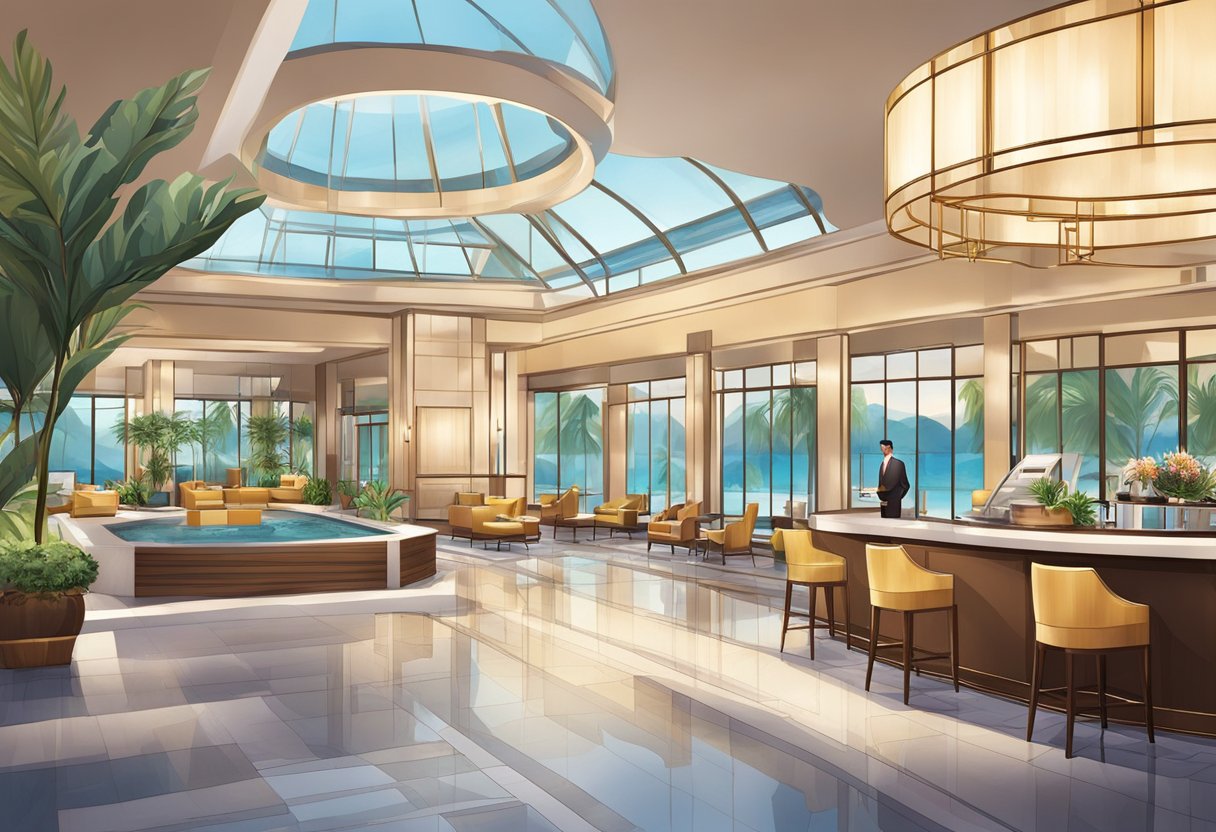 The hotel lobby showcases a luxurious spa, fitness center, and 24-hour concierge desk. A stylish restaurant and bar overlook a sparkling swimming pool