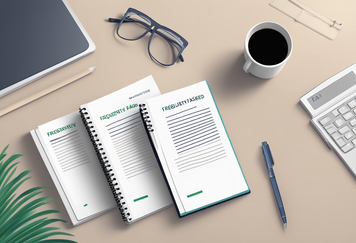 A stack of FAQ booklets with "Frequently Asked Questions noa singapore" on the cover, surrounded by a laptop and pen