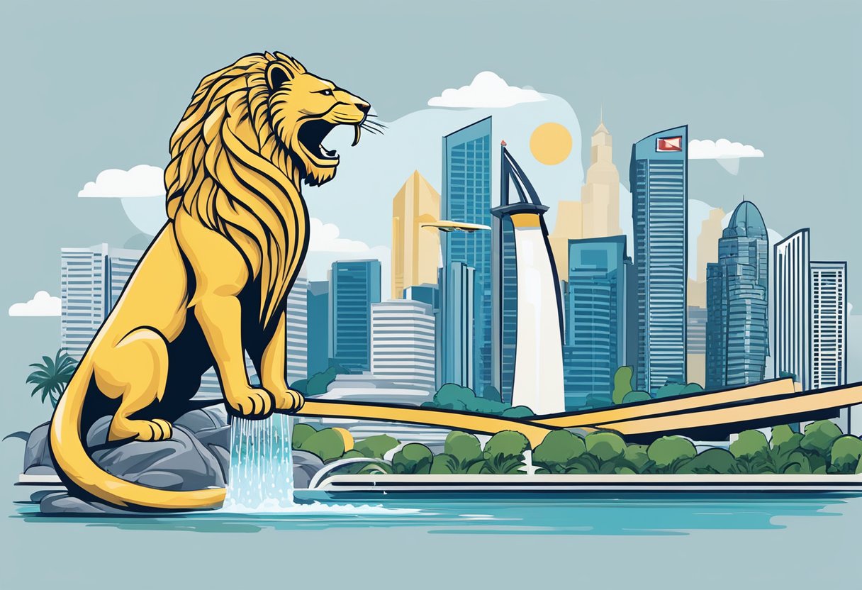 The Merlion stands proudly, half-lion, half-fish, spouting water from its mouth, with the Singapore skyline in the background