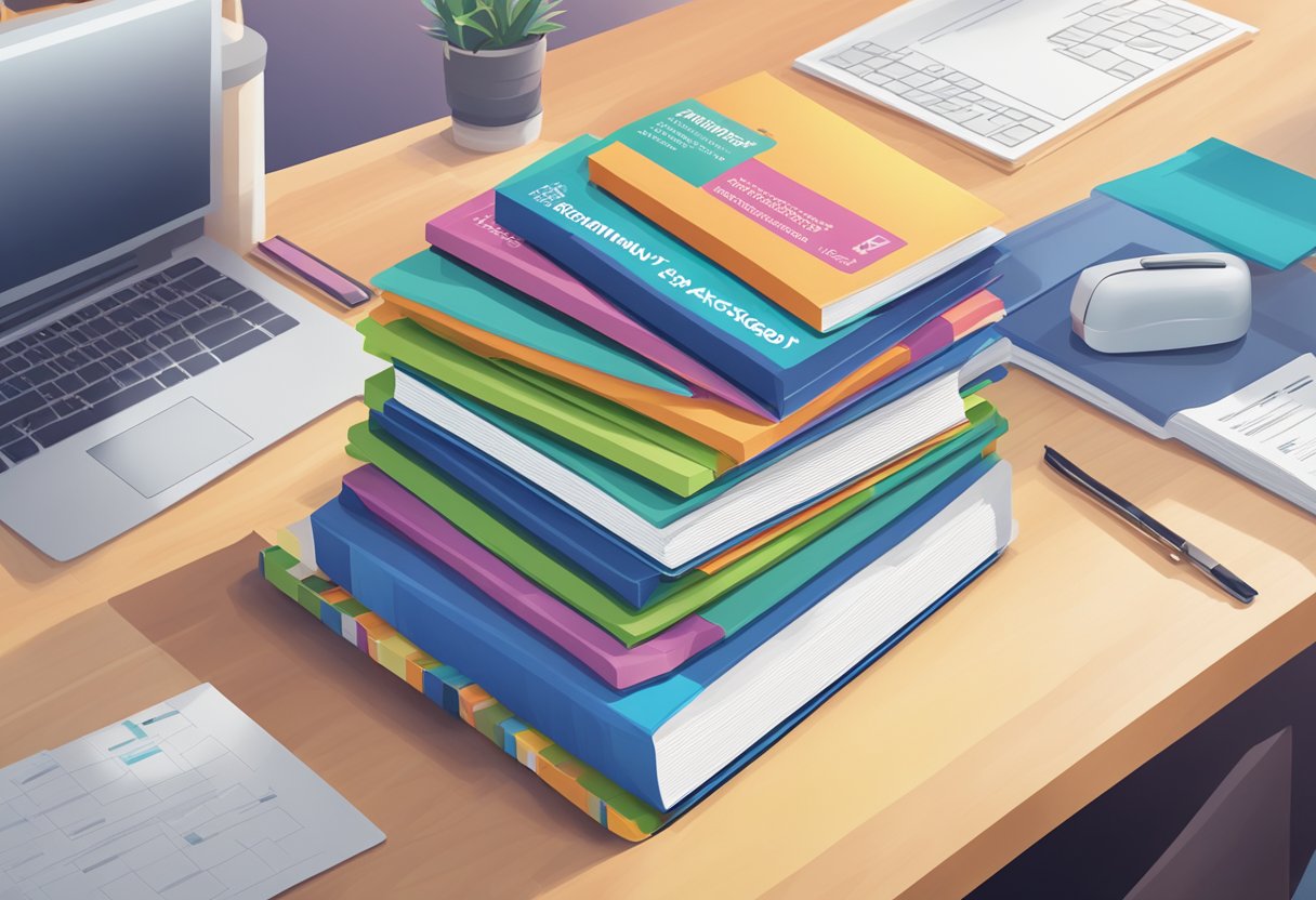 A stack of colorful brochures with "Frequently Asked Questions specialized singapore" printed on them, surrounded by a laptop and a customer service representative's desk