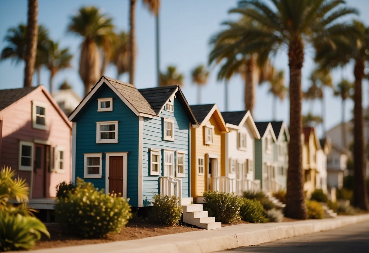 A row of tiny houses nestled in a sunny San Diego neighborhood, with palm trees swaying in the gentle breeze