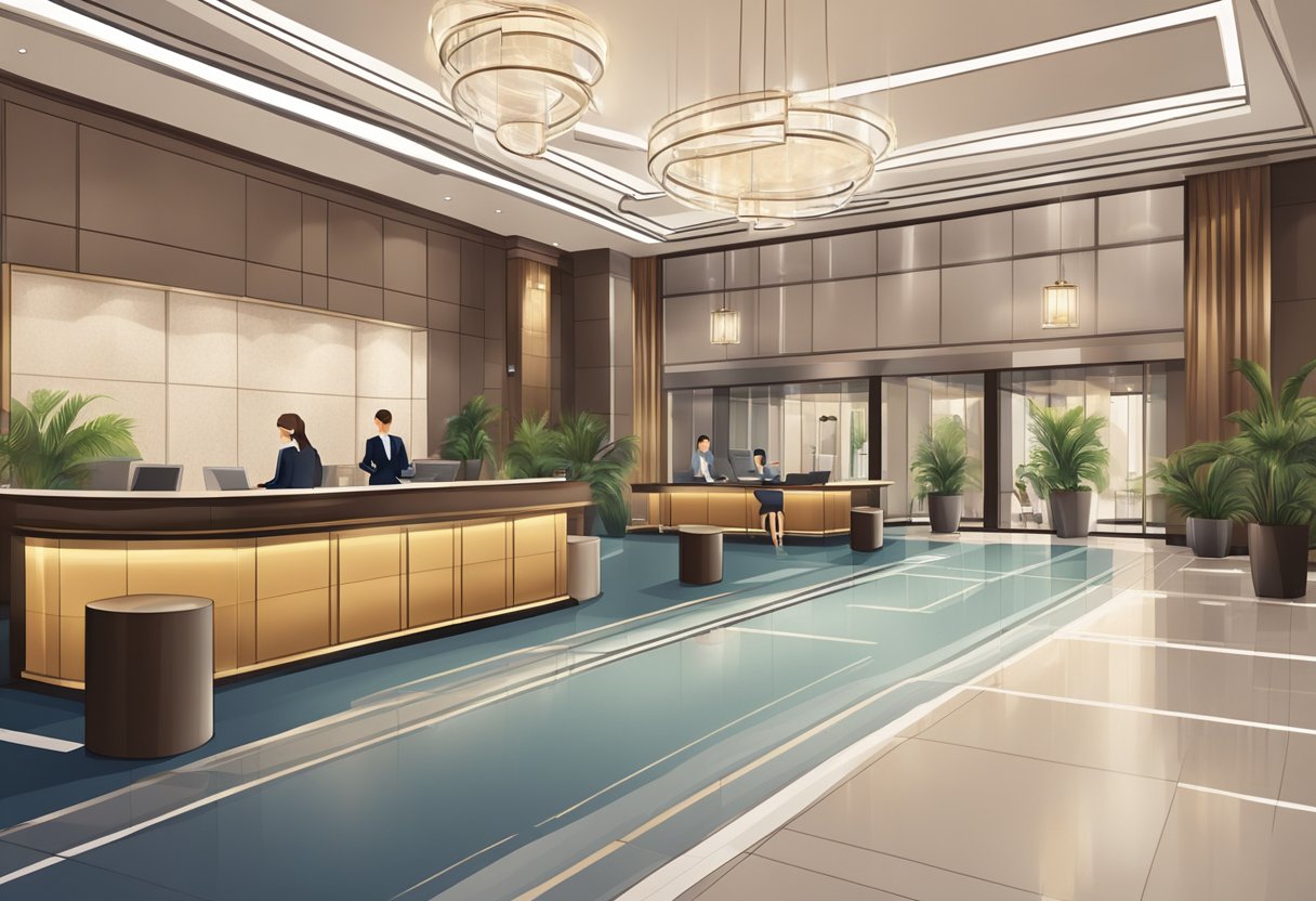 The hotel lobby bustles with guests asking questions at the FAQ venue. The modern interior features a sleek reception desk and comfortable seating